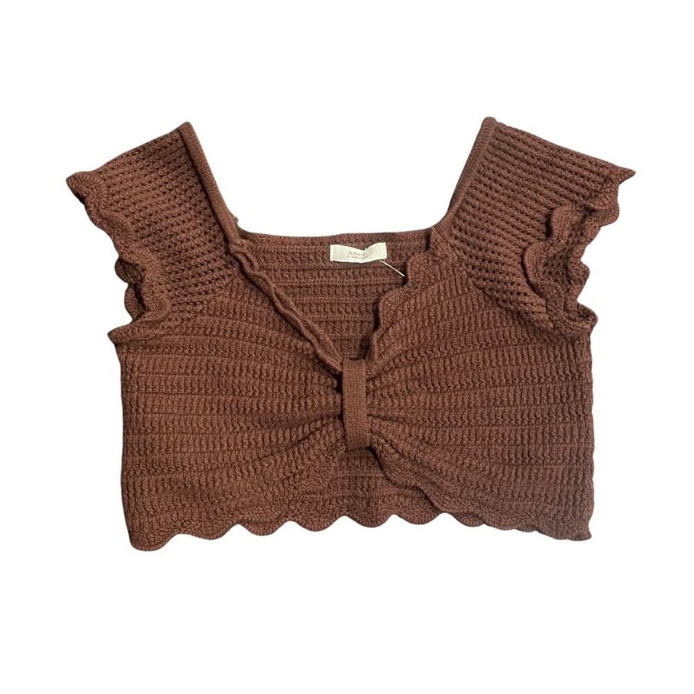 Active USA Cropped Knit Front Tie Knot Top Scallop Trim SZ L Boho Y2K Coachella